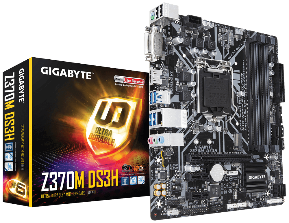 Материнская плата GIGABYTE Z370M DS3H Socket1151v2/iZ370/DDR4/PCI-Ex16/DVI-D+HDMI/SATA3/M.2/USB 3.1/mATX