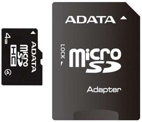 Карта памяти MicroSDHC 04Gb ADATA (class 4) +адаптер SD  (AUSDH4GCL4-RA1)