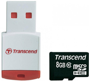 Карта памяти MicroSDHC 08Gb Transcend (class 10) +USB MicroSDHC Reader  (TS8GUSDHC10-P3)