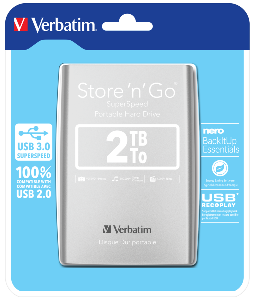 Жесткий диск внешний 2.5 2Tb Verbatim Store 'n' Go Style, Silver USB3.0  (53189)