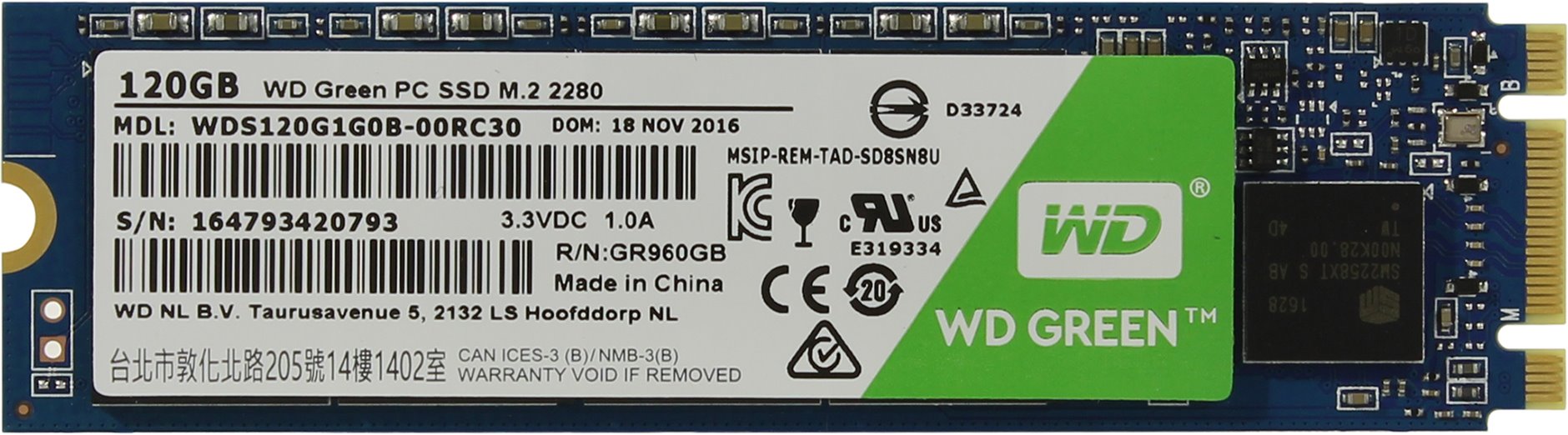 Диск SSD M.2  120Gb WD Green, SATA 6Gb/s, 540/430MB/s, TLC  (WDS120G1G0B)