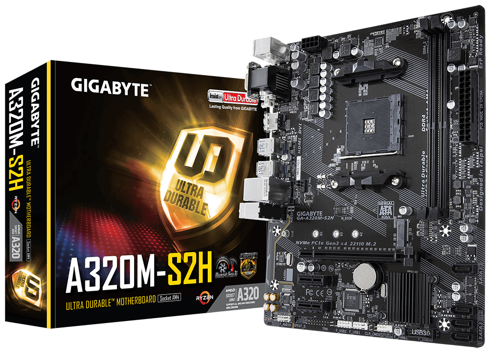 Материнская плата GIGABYTE GA-A320M-S2H SocketAM4/AMD A320/DDR4/PCI-Ex16/D-Sub+DVI-D+HDMI/SATA3/M.2/USB 3.1/mATX