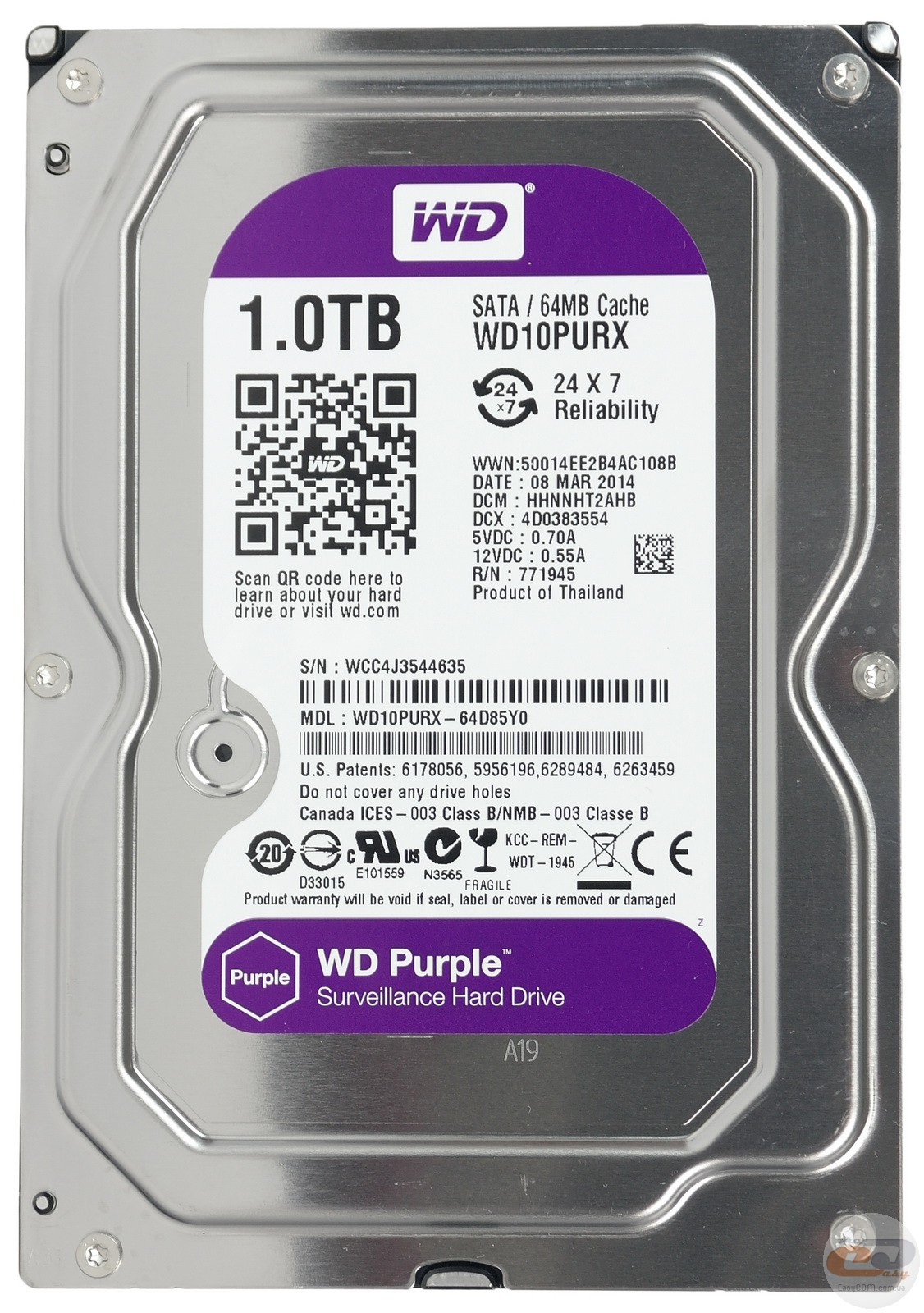 Жесткий диск 1 Tb WD WD10PURX Purple™ 24/7 AV, 64Mb SATA 6Gb/s IntelliPower