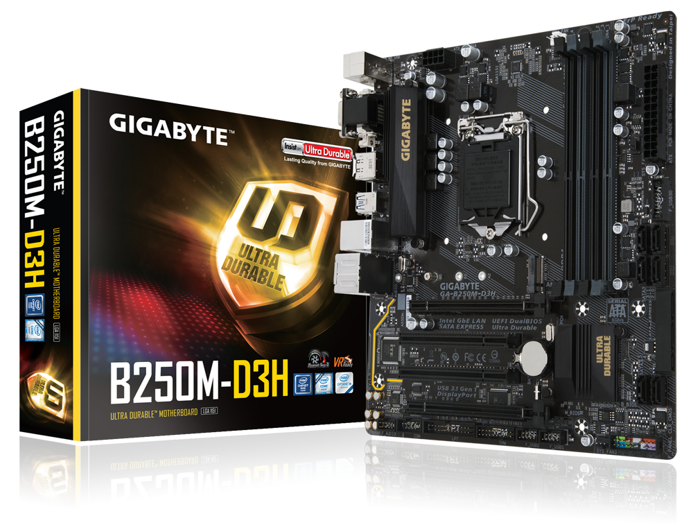 Материнская плата GIGABYTE GA-B250M-D3H Socket1151/iB250/DDR4/PCI-Ex16/D-Sub+DVI-D+HDMI/SATA3/USB 3.1/mATX