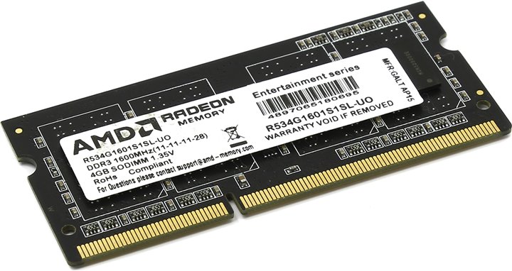 Память SODIMM/DDR III 4Gb PC-12800, 1600MHz AMD R5 EntertainmentSeries Black 1.35V  (R534G1601S1SL-UO)