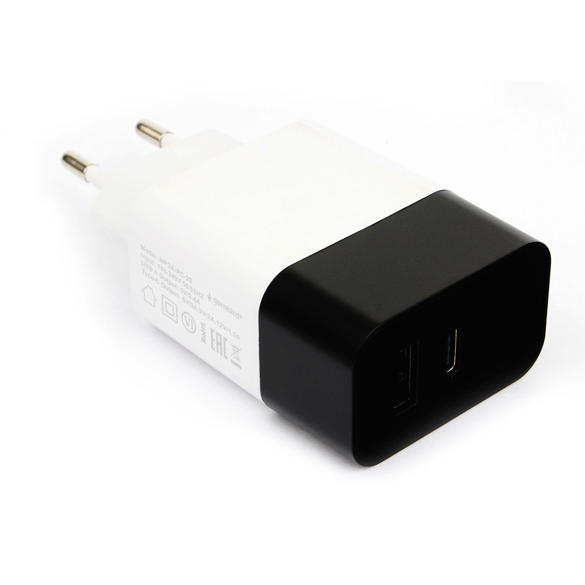 Зарядное устройство сетевое Cablexpert 100/220V - 5V USB 2.4A + USB Type C, белый  (MP3A-PC-26W)