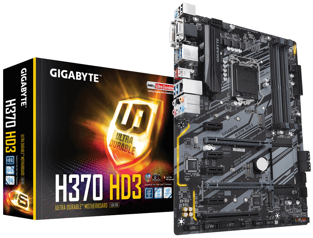 Материнская плата GIGABYTE H370 HD3 Socket1151v2/iH370/DDR4/PCI-Ex16/D-Sub+DVI+HDMI/SATA3/M.2x2/USB3.1/ATX