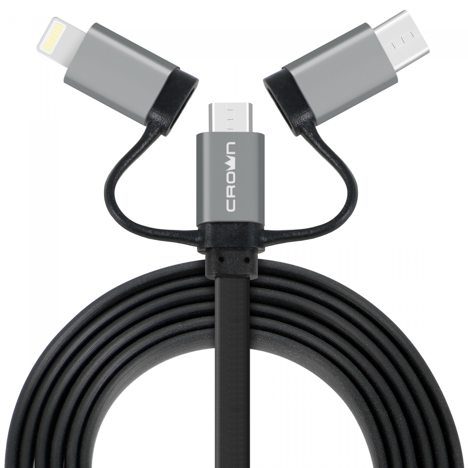 Кабель USB2.0 A-microUSB/USB Type-C/Lightning CROWN, black  (CMCU-3182)