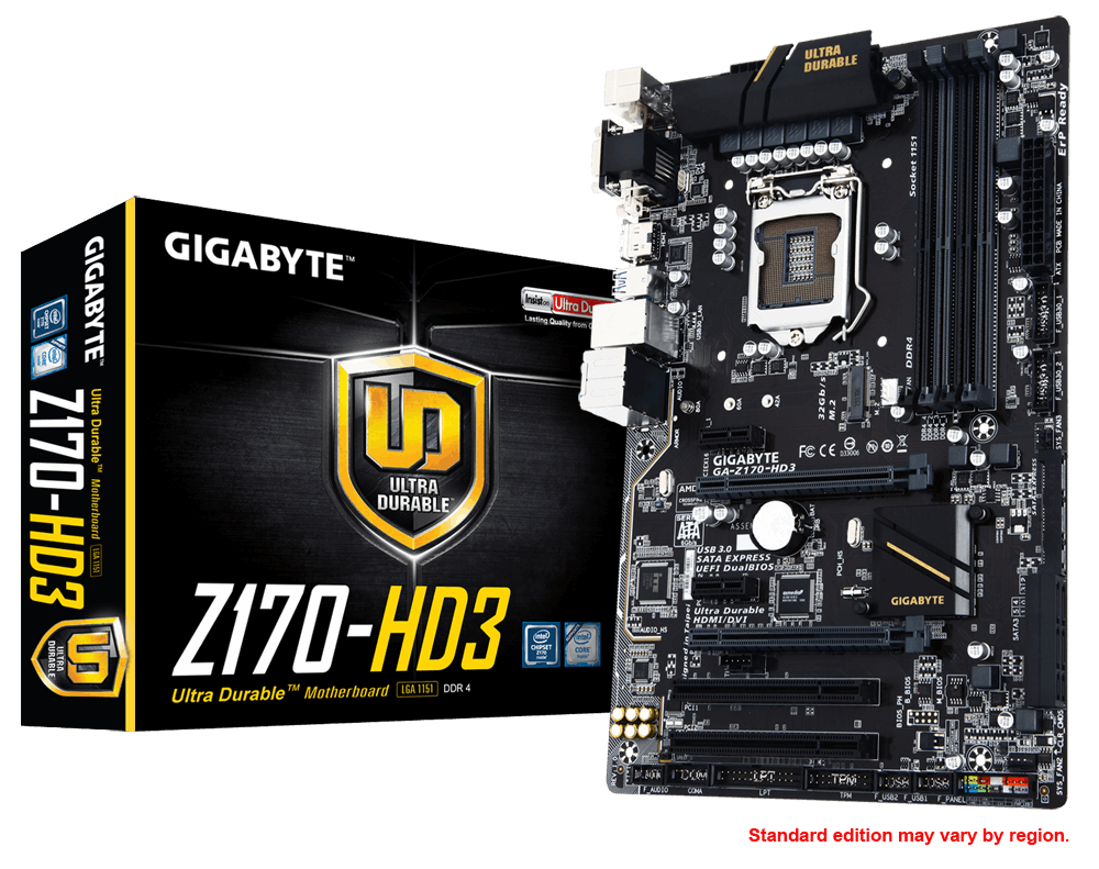 Материнская плата GIGABYTE GA-Z170-HD3 Socket1151/Intel Z170/DDR4/PCI-Ex16/SATA 6Gb/s/RAID/USB3.0/ATX