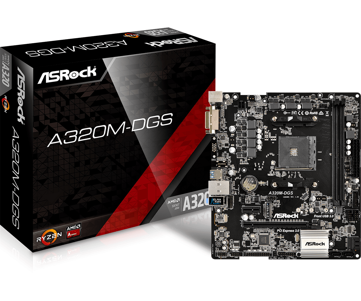 Материнская плата ASRock A320M-DGS SocketAM4/AMD A320/DDR4/PCI-Ex16/DVI-D/SATA 6Gb/M.2/USB 3.1/mATX