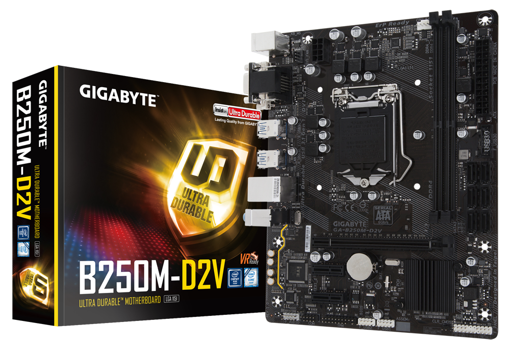 Материнская плата GIGABYTE GA-B250M-D2V Socket1151/iB250/DDR4/PCI-Ex16/Video/SATA 6Gb/USB 3.1/mATX