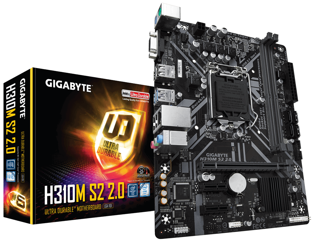 Материнская плата GIGABYTE H310M S2 2.0 Socket1151v2/iH310/DDR4/PCI-Ex16/D-Sub/SATA3/USB 3.1/mATX